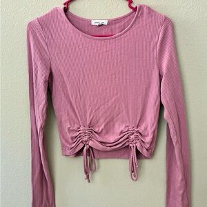 Stylish Pink Ribbed Drawstring Blouse